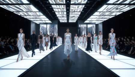 Stunning fashion show featuring models showcasing innovative designs on a spacious runway. The modern venue enhances the elegance of the presented garments.の素材