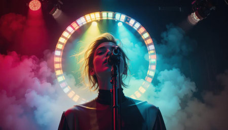 A young singer captivates the audience on stage, surrounded by colorful lights and smoke. The vibrant atmosphere highlights the emotional intensity of the performance, creating a memorable experience.の素材