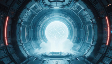 Explore a captivating futuristic portal featuring bright light and smoke. This imaginative scenery blends technology and mystery, ideal for sci-fi themes.の素材