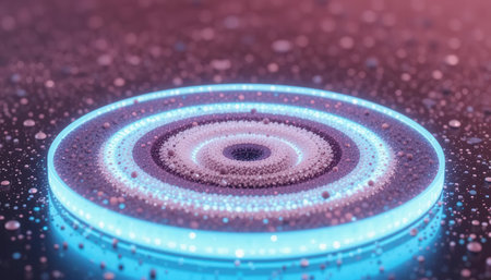 Vivid abstract design featuring circular patterns with a neon glow against a textured background. Ideal for creative and modern projects.の素材
