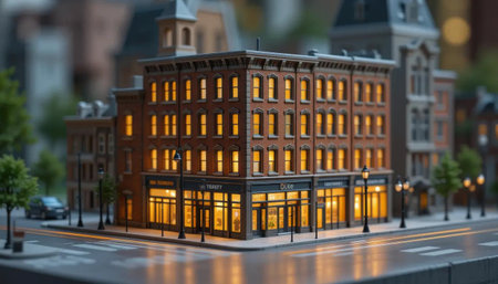 A beautifully crafted model of a classic brick building illuminated at night, showcasing intricate architectural details and a cozy urban scene perfect for creative projects.の素材