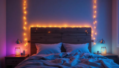 A cozy bedroom scene featuring a wooden headboard adorned with glowing lights. The inviting atmosphere highlights soft bedding, creating a perfect space for relaxation and tranquility at night.の素材
