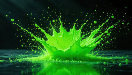 Stunning green liquid splash captured in motion, showcasing vibrant color and texture against a dark background, ideal for creative projects and designs.の素材