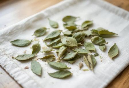 A close-up of dried bay leaves arranged on a cloth surface, showcasing their natural green hues and texture. Perfect for culinary inspiration.の素材