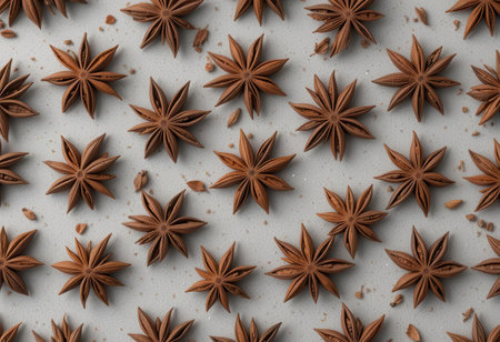 A stunning close-up of star anise arranged artistically on a gray surface, showcasing its unique shape and rich brown color, perfect for culinary projects.の素材