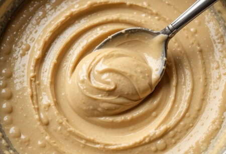 Close-up view of smooth and creamy nut butter in a steel bowl, perfect for spreads or dips. Ideal for healthy snacks or baking recipes.の素材
