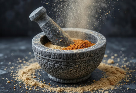 Close-up of a stone mortar and pestle with spices being ground, showcasing the texture and colors of spices dust and powder, perfect for culinary themes.の素材