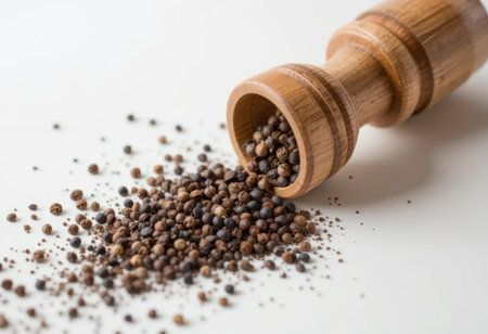 A rustic wooden spice grinder spills a rich mixture of peppercorns, showcasing different textures and colors suitable for a culinary masterpiece.の素材