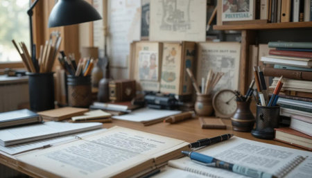 A vintage-inspired workspace filled with books, pens, and papers, creating a warm and inviting atmosphere for creativity and productivity. Perfect for literary enthusiasts.の素材