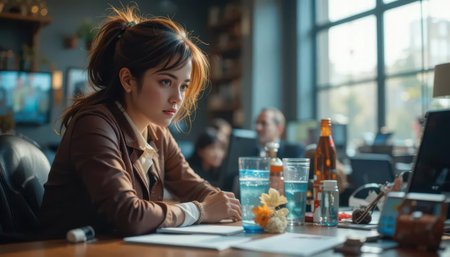 A focused young woman sits at her desk in a modern office, deep in thought. With drinks and various items around her, the scene captures an engaging and serene work environment.の素材