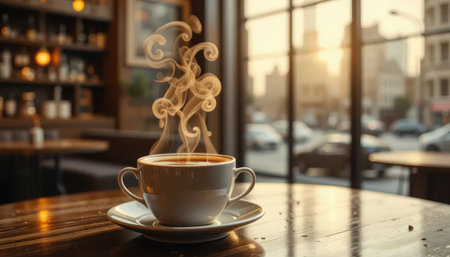 A steaming cup of coffee rests on a wooden table, radiating warmth and comfort. The cozy cafの素材