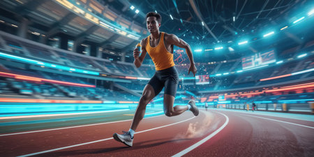 Athlete Sprinting in Modern Stadium Environmentの素材