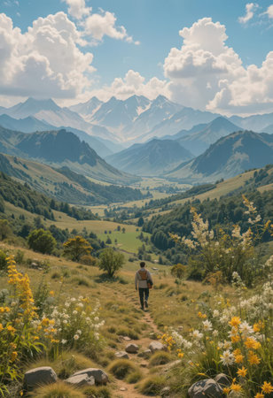A serene mountain landscape featuring a hiker on a winding trail, with vibrant wildflowers and majestic peaks in the distance under a bright sky.の素材