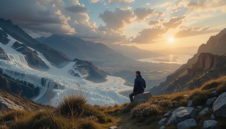 A person sits on a stone, gazing at a breathtaking sunset over a glacial valley. The majestic mountains and vibrant sky create a serene outdoor atmosphere perfect for exploration.の素材