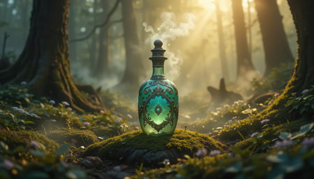 A beautifully crafted potion bottle emits magical smoke in a serene forest, illuminated by soft sunlight filtering through tall trees. Perfect for fantasy themes.の素材