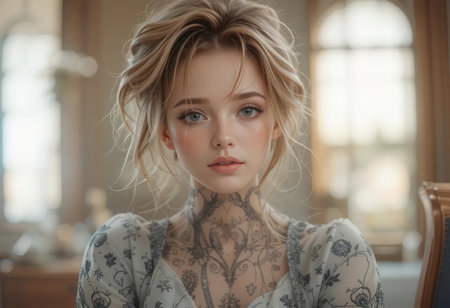 This portrait features an elegant young woman with intricate body art, showcasing a blend of beauty and artistic expression in a beautifully lit indoor setting.の素材