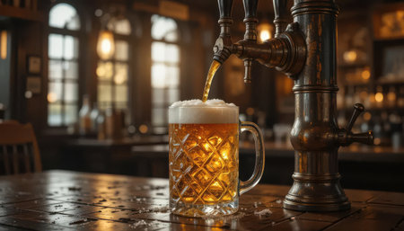 A refreshing craft beer pours into a glass, showcasing rich golden hues and frothy foam. The inviting pub atmosphere enhances the drinking experience.の素材