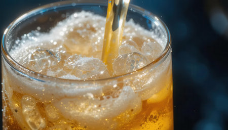 A close-up view of a refreshing golden drink filled with ice and bubbles, perfect for quenching thirst on a hot day. The condensation adds visual appeal.の素材