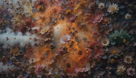 This captivating artwork showcases a vibrant explosion of colorful flowers and foliage, blending nature's beauty with abstract artistry to create a stunning visual experience.の素材