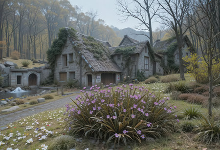A tranquil village scene showcasing charming stone houses surrounded by colorful flowers and lush gardens, creating a serene atmosphere in nature.の素材
