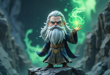 A captivating illustration of a sage wielding magical energy in a fantasy landscape, featuring vibrant green glowing effects and rocky terrain, inspiring wonder.の素材