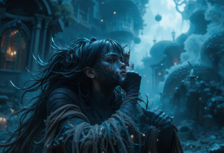 A mystical figure in a magical forest whispers secrets beneath the twilight glow, surrounded by ethereal beauty and enchanting atmospheres, captivating the viewer.の素材