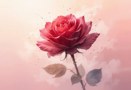 An exquisite pink rose blossom stands gracefully against a soft, pastel background, highlighting the flower's delicate petals and green leaves, evoking feelings of elegance and romance.の素材