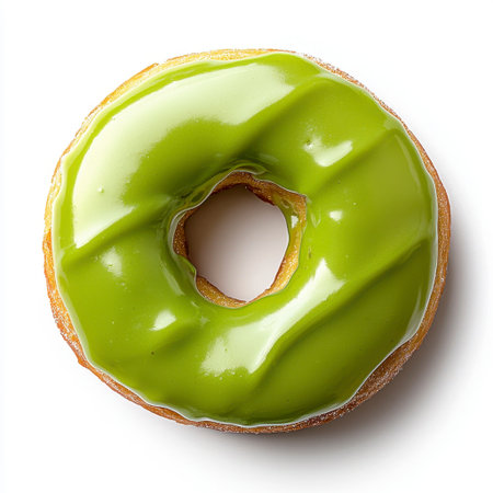 Overhead close up shot of a single glazed donut with vibrant green icing on a bright white background. The donut's texture is smooth and shiny, with visible glaze streaks. The image is simple and clean, focusing entirely on the donut.の素材