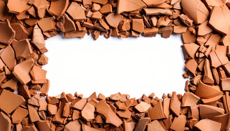 Broken clay fragments surround a blank white space, creating a unique frame for text or design. Ideal for artistic projects or presentations.の素材