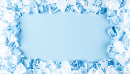 Beautiful arrangement of ice cubes on a blue background. This image features a clean and fresh look, perfect for cooling-themed concepts or beverage presentations.の素材