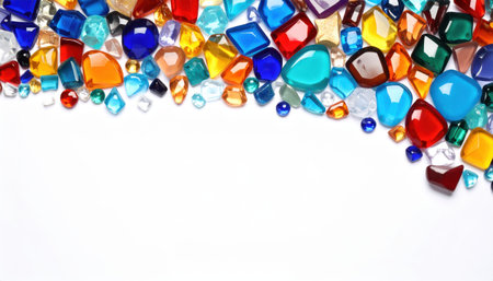 A vibrant display of assorted gemstones and decorative stones arranged beautifully on a white background, offering an eye-catching and artistic perspective for creative projects.の素材