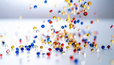 A dynamic image of colorful glitter particles scattering across a bright surface, ideal for representing celebrations, creativity, and joyful moments.の素材