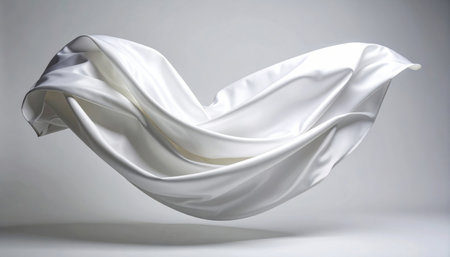 A stunning image showcasing a piece of elegant white fabric gracefully flowing in the air, capturing soft light and movement, perfect for various design projects.の素材