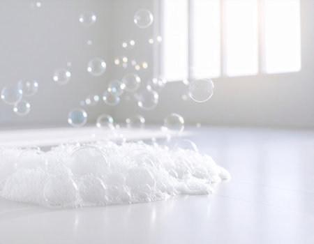 Soap bubbles on white floor. Soap bubbles on white floor.の素材