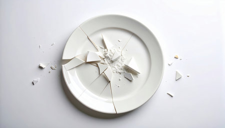 Broken plate on white background, top view. Space for textの素材