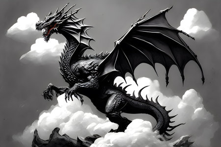 dragon on the background of the cloudy sky, black and white illustrationの素材