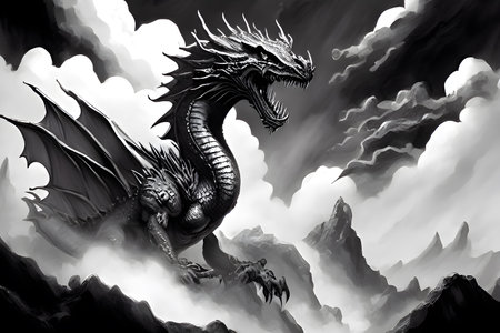 Dragon in the sky, black and white tone, 3d illustrationの素材