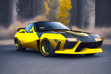 Futuristic yellow sports car in the forest. 3D renderingの素材