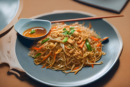 chinese fried noodle with soy sauce and vegetables on a plateの素材
