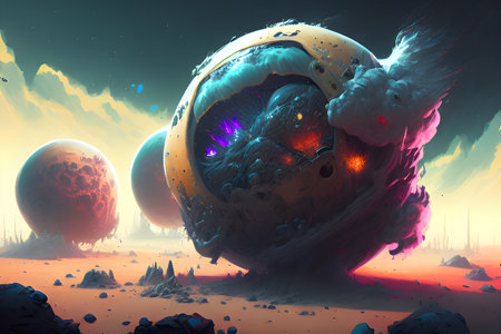 Fantasy planet in surreal space. 3D illustration. Digital painting.の素材
