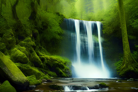 beautiful waterfall in green forest at night, closeup of photoの素材