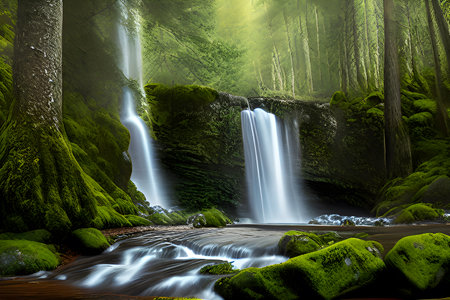 Beautiful waterfall in the green forest at sunset. Long exposure.の素材