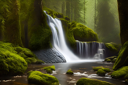 Waterfall in the forest with green moss. 3D Renderingの素材