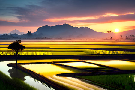 Terraced rice field at sunset in Vang Vieng, Laosの素材