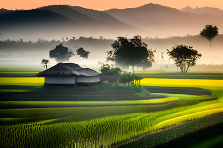Rice field in the morning with fog in the countryside of Thailandの素材