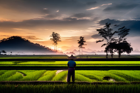 Rice field with farmer at sunset in Thailandの素材