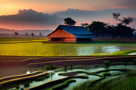 Rice field with red barn at sunset at thailandの素材