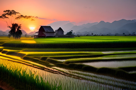 Rice field in the countryside of Thailand at sunset. The rice fields are filled with water.の素材