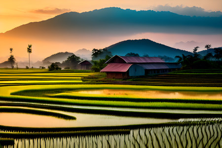 Rice field in the morning at Thailand.の素材
