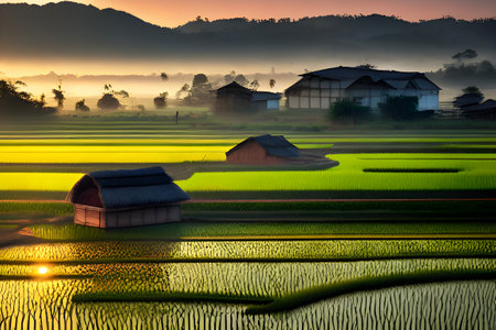 Rice field with sunrise in the morning at Thailandの素材